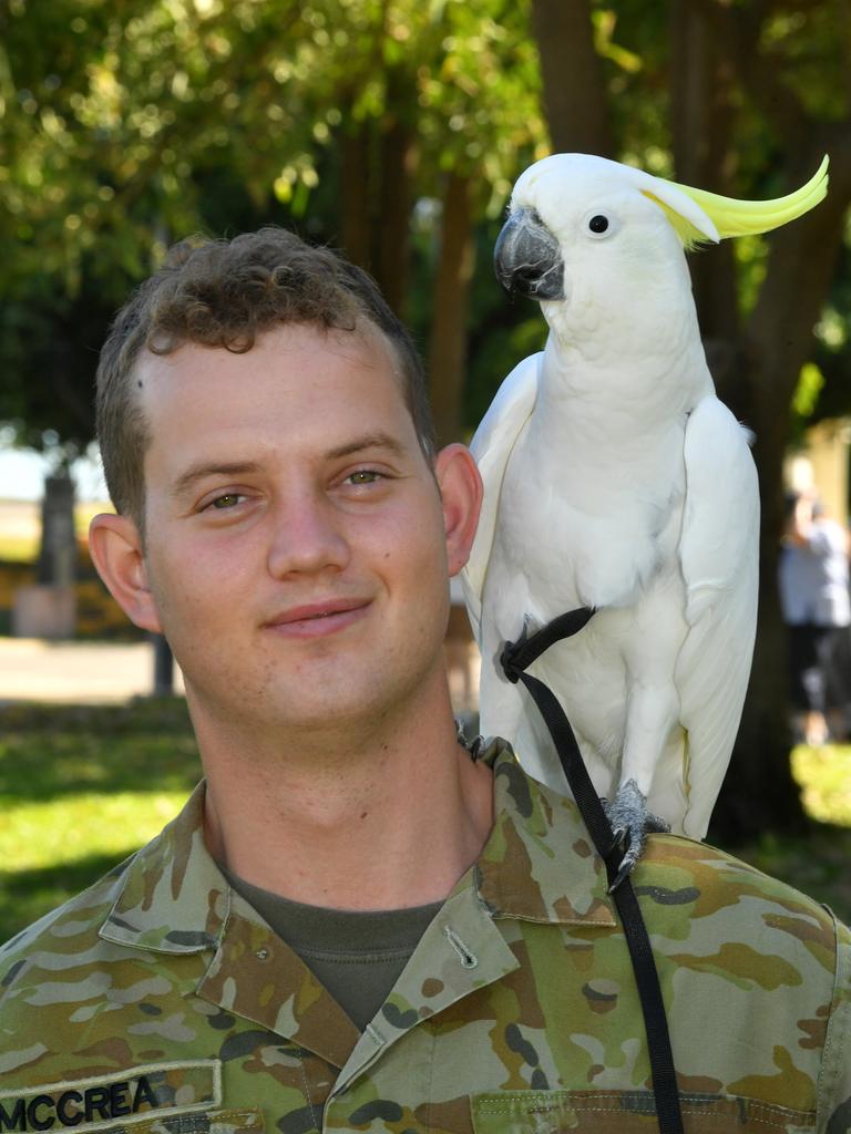 Legacy Centenary Torch Relay and community day at Jezzine Barracks. Private Blake McCrea with 3CER mascot Albie. Picture: Evan Morgan