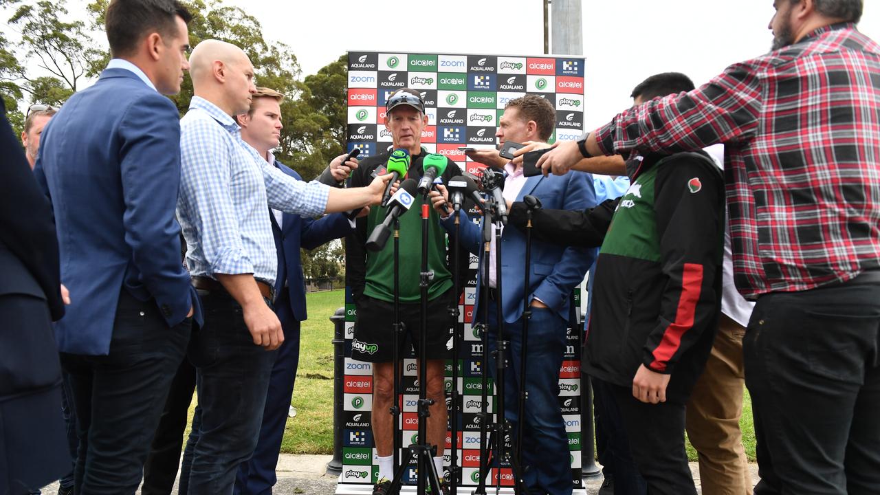 Wayne Bennett faces the press during his time as South Sydney coach.