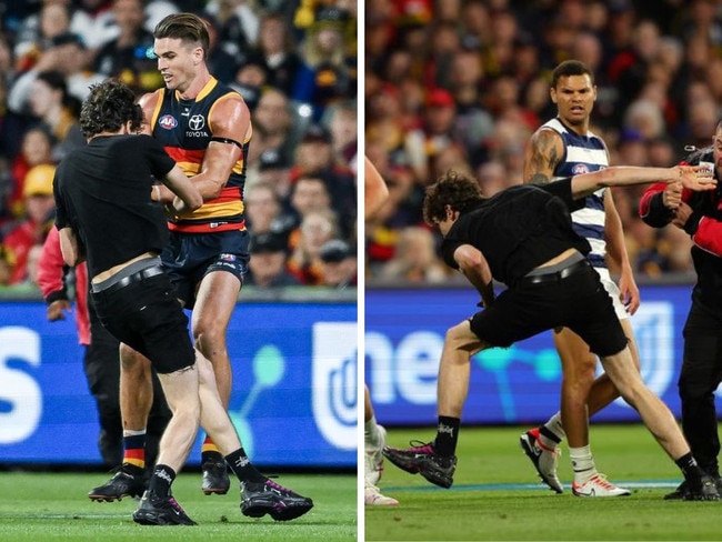 Both Adelaide Crows and Geelong Cats coaches have ripped into a man who ran into play Friday night, pointing out a prior incident that left a sporting icon injured.