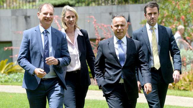 Liberal MPs who are among the witnesses John Pesutto’s legal team will call on to give evidence. From left; David Southwick, Georgie Crozier, Mr Pesutto and Matthew Bach. Picture: NewsWire / Andrew Henshaw