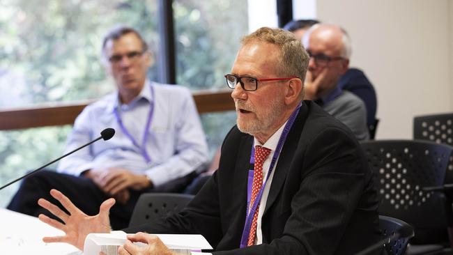 Crime and Corruption Commission chair Alan Macsporran criticises the Palaszczuk Government’s proposed integrity laws at a public hearing. Picture: AAP/Attila Csaszar