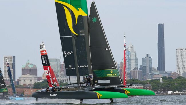 NEW YORK, NEW YORK - JUNE 22: Team Australia competes during day one of competition of SailGP New York on June 22, 2024 in New York City.   Luke Hales/Getty Images/AFP (Photo by Luke Hales / GETTY IMAGES NORTH AMERICA / Getty Images via AFP)