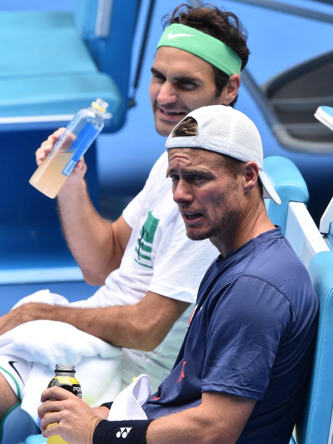 Roger Federer with Lleyton Hewitt in 2016. Picture: AAP