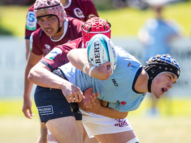 15/10/23. News Local, SportSylvania, Sydney, NSW, Australia.Super Rugby U16sAction from the NSW Waratahs v Queensland Reds Under 16 game at Forshaw Park in SylvaniaNSW player Jarvis OrrPicture: Julian Andrews