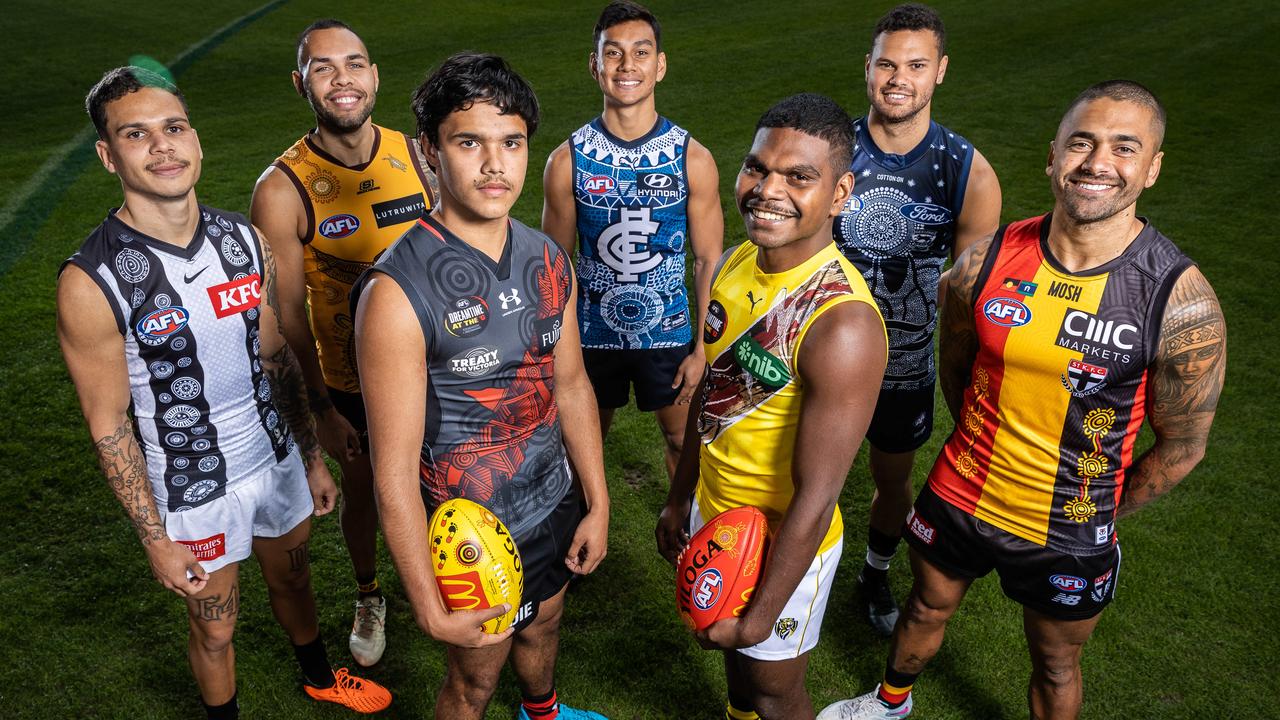 From left to right: Indigenous players Bobby Hill, Jarman Impey, Jayden Davey, Jesse Motlop, Maurice Rioli Jr, Brandan Parfitt and Bradley Hill at the launch of the AFL’s Sir Doug Nicholls Round. Picture: Jake Nowakowski