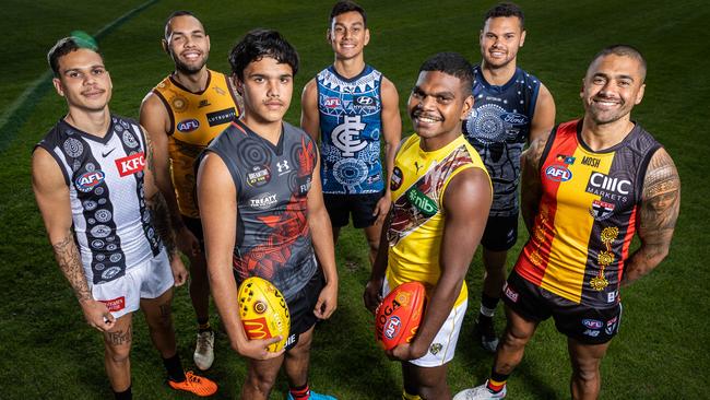 From left to right: Indigenous players Bobby Hill, Jarman Impey, Jayden Davey, Jesse Motlop, Maurice Rioli Jr, Brandan Parfitt and Bradley Hill at the launch of the AFL’s Sir Doug Nicholls Round. Picture: Jake Nowakowski