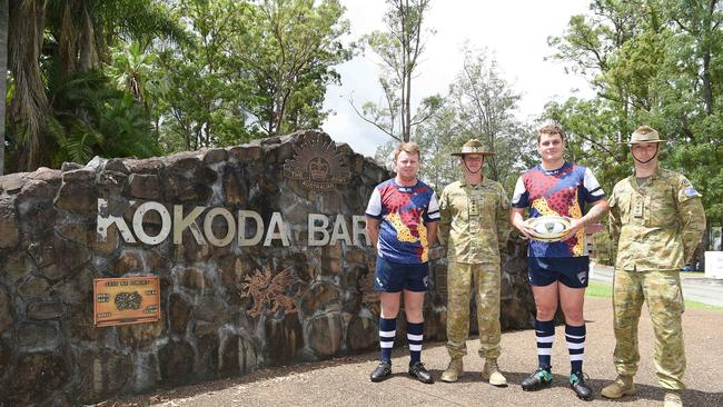 The Australian Army are partnering with the Gold Coast Cyclones representative rugby program to cement the relationship between the Canungra base troops and the Coast. Cyclones players at the base ground warfare obstacle course at Kokoda Barracks. Scott Stokes, Colonel Arran Hassell Commandant Land Warfare Centre, Lachlan Currie and Captain Gordon Terry. Picture: Lawrence Pinder