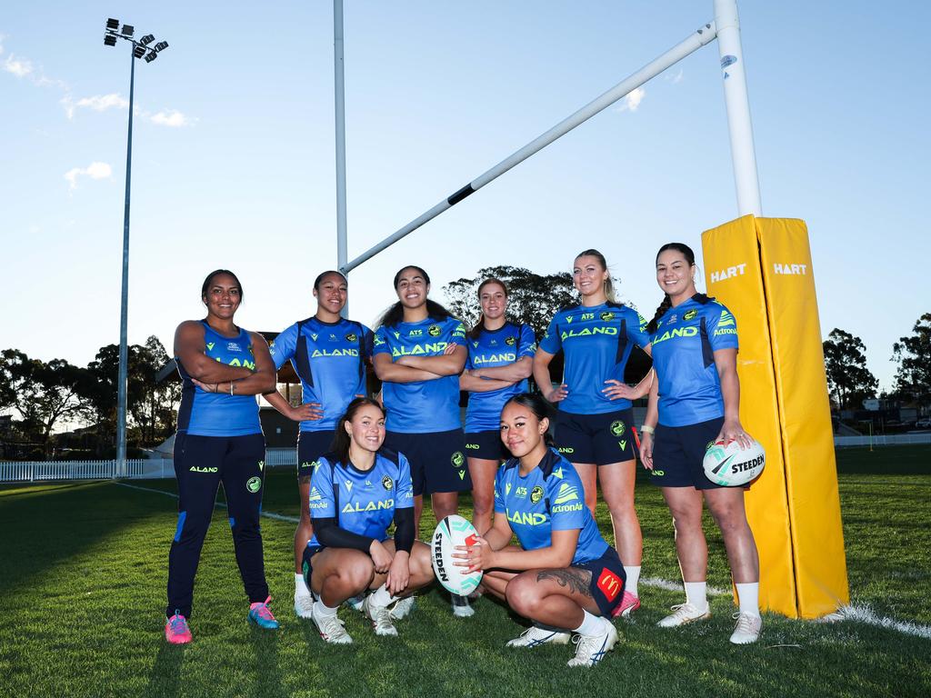 Players from Lisa Fiola Cup, Tarsha Gale Cup, Harvey Norman women's premiership and NRLW pose for a photograph at Eric Tweedale Stadium. From L-R: Top Row: Mahalia Murphy, Ryvrr Lee Alo, Fontayne Tufuga, Tia Matthews, Alysha Bell, Kennedy Cherrington Bottom Row: Rory Muller, Essence Alo