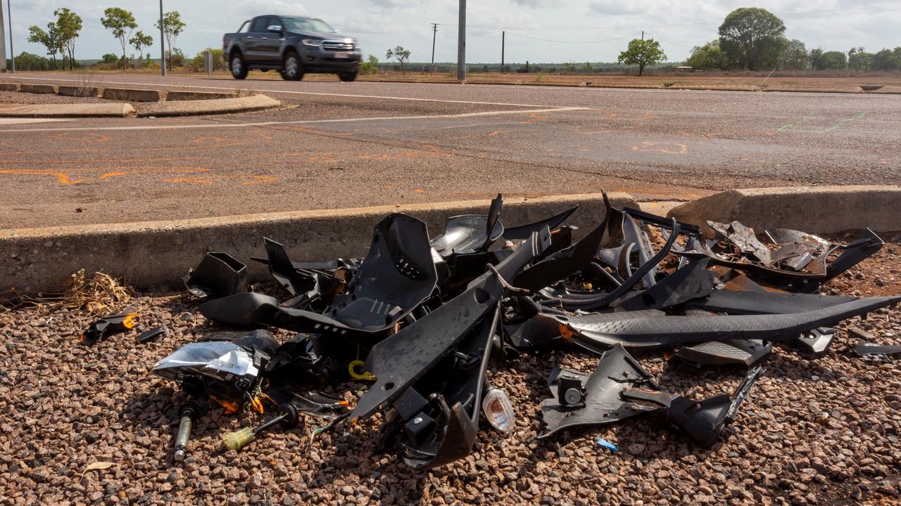 A 22-year-old male motorcyclist died at the scene of a crash with a car on the Stuart Highway. Picture: Floss Adams