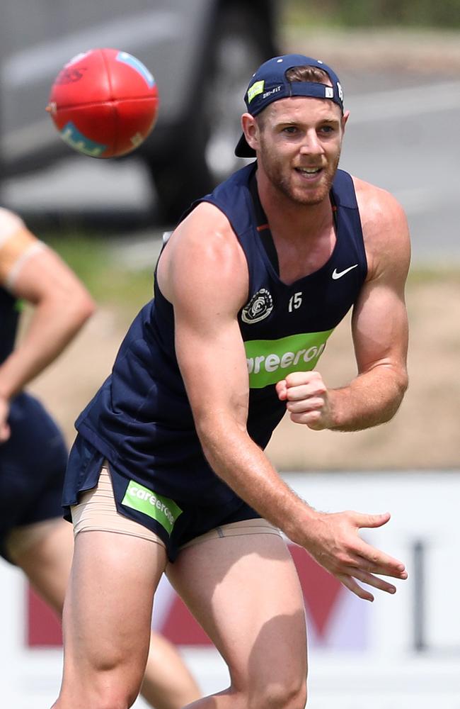 Sam Docherty in action in training at Carlton. Picture: Regi Varghese