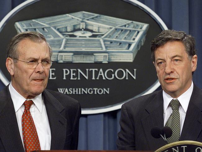 US Defence Secretary Donald Rumsfeld, left, with then-Australian Minister of Defence Robert Hill at press conference in Washington, in 2002. Picture: AFP