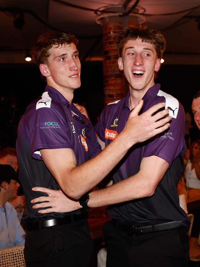 Jack Whitlock, left, joined his twin brother Matt on an AFL list on the second night of the draft. (Photo by Michael Willson/AFL Photos via Getty Images)