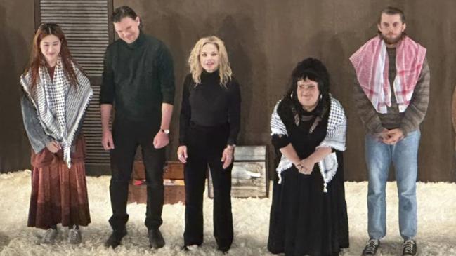 Harry Greenwood (R) along with co-stars Megan Wilding (2nd R) and Mabel Li (L) wore keffiyeh scarves during the encore at the opening night of the STC production of The Seagull at Sydney’s Roslyn Packer Theatre. Picture: Instagram