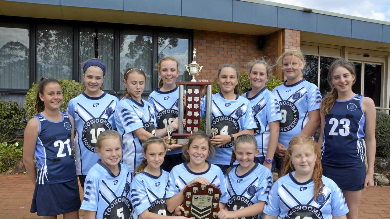 TOP LEFT: Celebrating their recent rugby league and netball victories are Our Lady of Lourdes students (back, from left) Lily Schnieder, Grace Cooper, Kylah Quaife, Eliza Morcom, Elara Salisbury, Tahlia Barnes, Jessica Watt, Amy Dann, (front, from left) Mikayla Saunders, Charlotte Baker, Lacey Free, Carrie Wyrzykowksi and Chelsee Kidd. Picture: Jason Gibbs