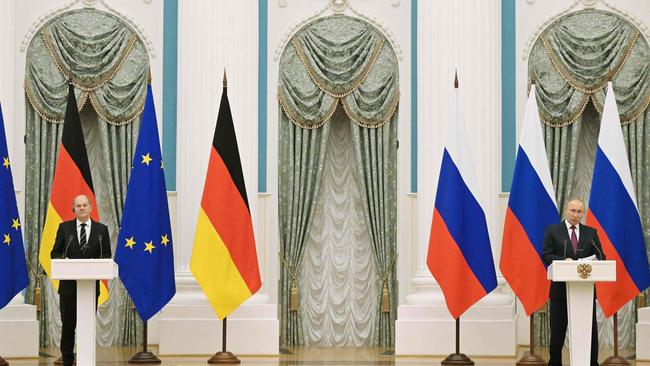 Vladimir Putin and German Chancellor Olaf Scholz attend a press conference following their meeting over Ukraine security at the Kremlin. Picture: AFP.