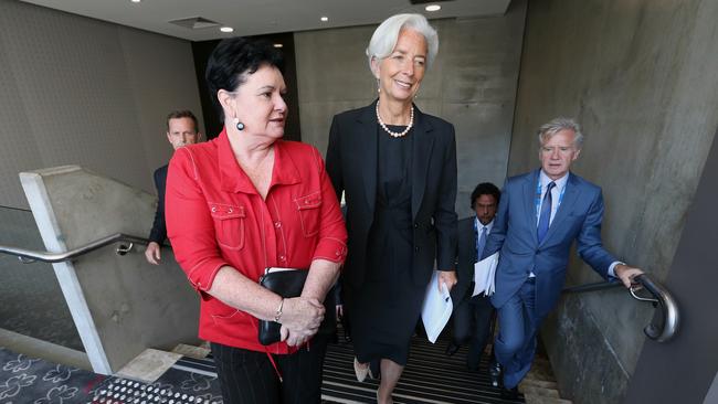 Sharan Burrow, left, with Christine Lagarde at the G20 Summit in Fortitude Valley, Brisbane in 2014. Picture: News Corp