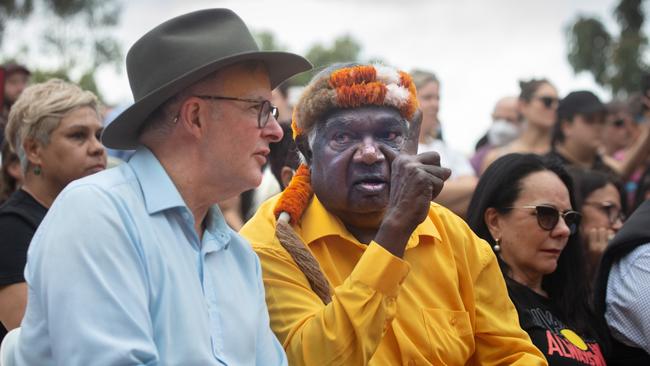 Dr Galarrwuy Yunupingu AC with Prime Minister Anthony Albanese at Garma in 2022. Picture: Melanie Faith Dove / Yothu Yindi Foundation