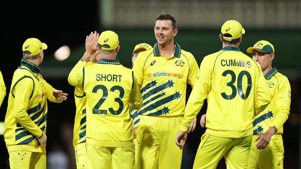 Josh Hazlewood of Australia celebrates with teammates. Photo by Matt King/Getty Images