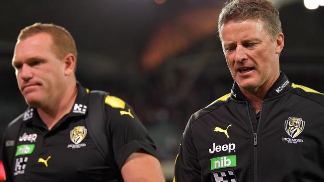 Damien Hardwick leaves Adelaide Oval with assistant coach Justin Leppitsch. Picture: Getty