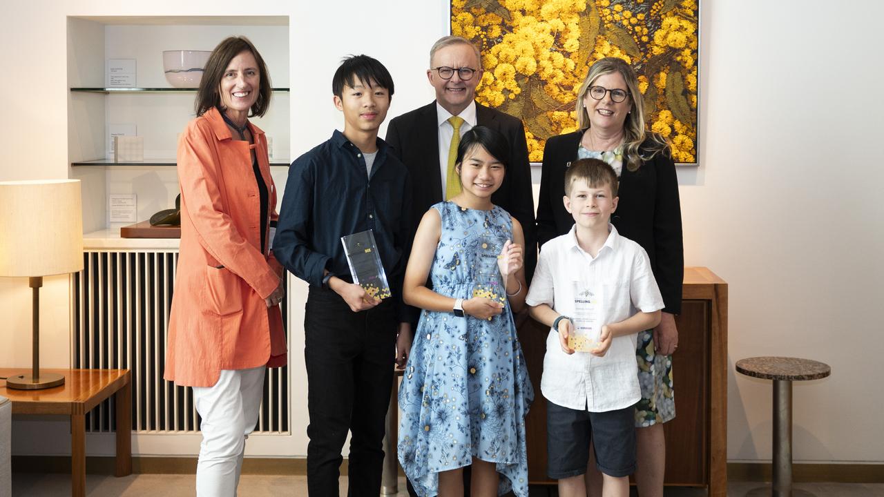 The three national winners of the 2022 Prime Minister’s Spelling Bee met with Anthony Albanese at Parliament House in Canberra. Picture: NCA NewsWire / Martin Ollman