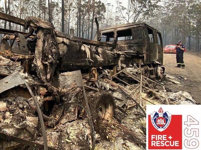 The charred remains of FRNSW Terrigal's truck which became overrun by fire on New Year's Eve trying to respond to an urgent call for assistance as part of Strike Team Golf at Nowra. Picture: Terrigal Fire Station