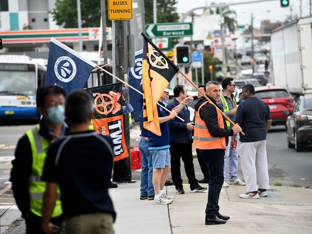 The recently privatised bus drivers from Region 6 in the city’s inner west took industrial action from 8am on Monday in a move that forced peak hour commuters to look at alternate ways around Sydney. Picture: NCA NewsWire / Jeremy Piper