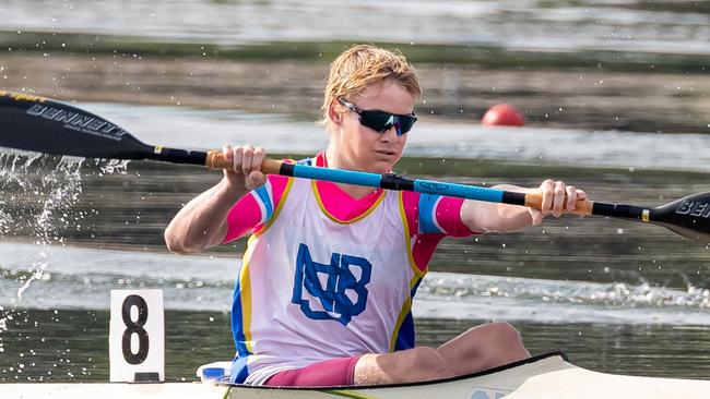 Bailey Clues winning the U18 K1 title at the canoe sprint GP at Penrith. Pic: JGR Images