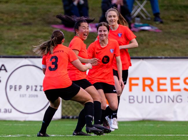 Women’s Statewide Cup Final Soccer. South Hobart celebrate after a goal by Pischon Choi. Picture: Linda Higginson