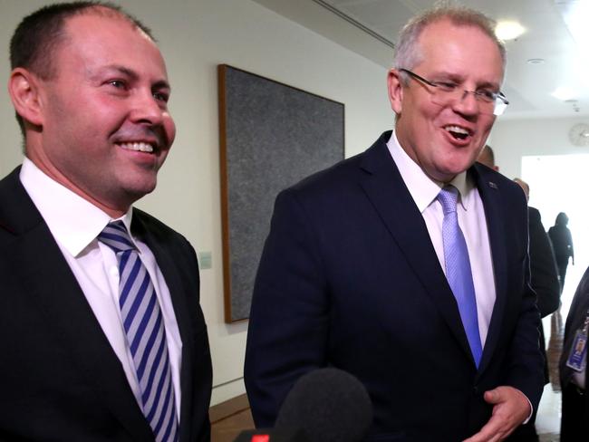 PM elect Scott Morrison leaves the party room with Josh Frydenberg after winning today's party vote. Picture: Ray Strange.