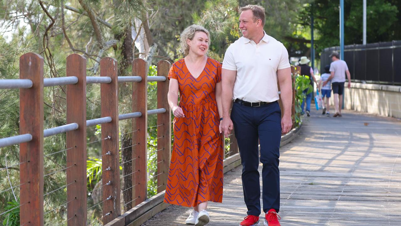 Premier Steven Miles and wife Kim take a morning walk along the Mackay foreshore on Wednesday. Picture: Adam Head