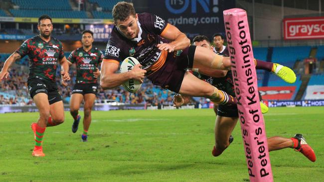 Corey Oates scores his second try the Broncos. Picture: Mark Evans