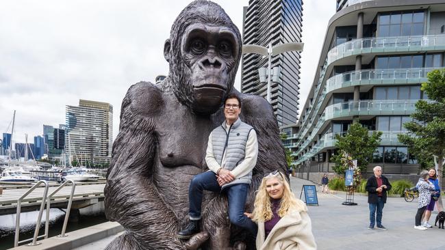 Artists Gillie and Marc with their gorilla sculpture at Point Park in Docklands.