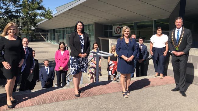 Logan mayor Darren Power, right, with his new team, Laurie Koranski, Jon Raven, Tim Frazer, Scott Bannan, Natalie Willcocks, Teresa Lane, Mindy Russell, Miriam Stemp, Lisa Bradley, Tony Hall, Jacob Heremaia and Karen Murphy. PHOTO: JUDITH KERR