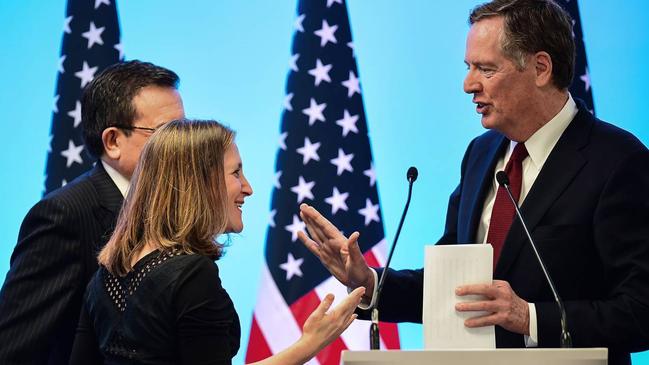 Chrystia Freeland, centre, with Ildefonso Guajardo, left, and Robert Lighthizer. Picture: Getty Images