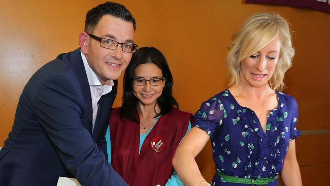 Daniel Andrews voting at Albany Rise Primary School in Mulgrave with his wife Catherine. Picture: Alex Coppel.