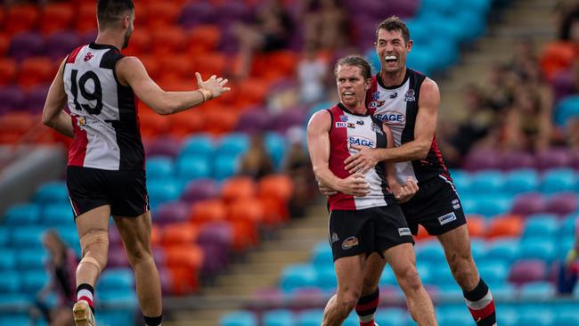 Jed Anderson celebrates with Matthew Dennis in the Southern Districts vs PINT 2023-24 NTFL men's elimination final. Picture: Pema Tamang Pakhrin