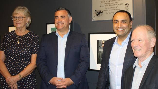 Former cartoon gallery manager Margaret Cameron, with then-Deputy Premier John Barilaro, Member for Coffs Harbour Gurmesh Singh and former Member for Coffs Harbour Andrew Fraser at the gallery in February 2021.