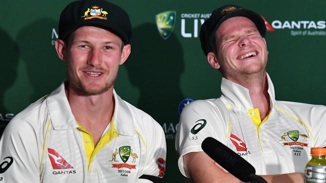 Australia's Cameron Bancroft, left, and Steve Smith. Picture: AAP.