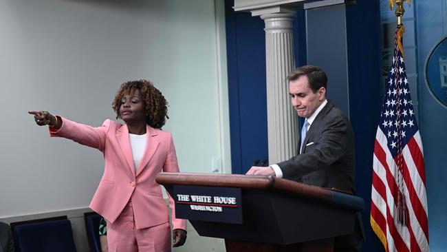 White House Press Secretary Karine Jean-Pierre points to a reporter for a question to National Security Council Coordinator for Strategic Communications John Kirby.