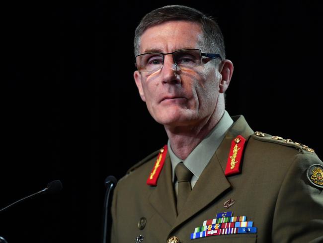 CANBERRA, AUSTRALIA - NOVEMBER 19: Chief of the Australian Defence Force (ADF) General Angus Campbell delivers the findings from the Inspector-General of the Australian Defence Force Afghanistan Inquiry on November 19, 2020 in Canberra, Australia. A landmark report has shed light on alleged war crimes by Australian troops serving in Afghanistan. (Photo by Mick Tsikas - Pool/Getty Images)