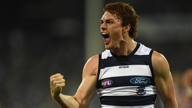 Gary Rohan of the Cats reacts after kicking a goal