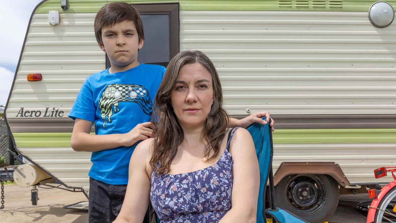 Alison Jones with her son Luke, 9 at their caravan in SA. Picture: Ben Clark