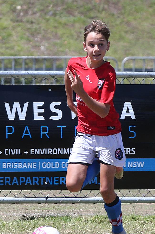 The Premier Invitational football tournament on the Gold Coast. Gold Coast Knights Red v Springfield United under-13s in action. Picture: Mike Batterham.