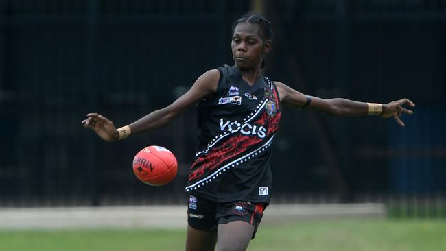 Tiwi Bombers Maria Rioli plays against Palmerston Magpies in round one of the NTFL 22/23 season. Picture: (A)manda Parkinson