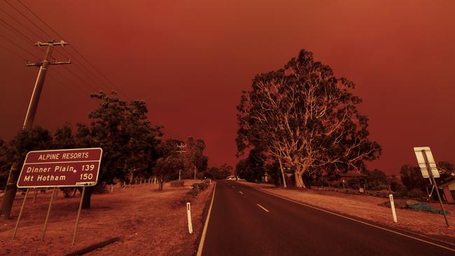 The sky turns red from the fires in Omeo on January 4, 2020. Picture: Getty