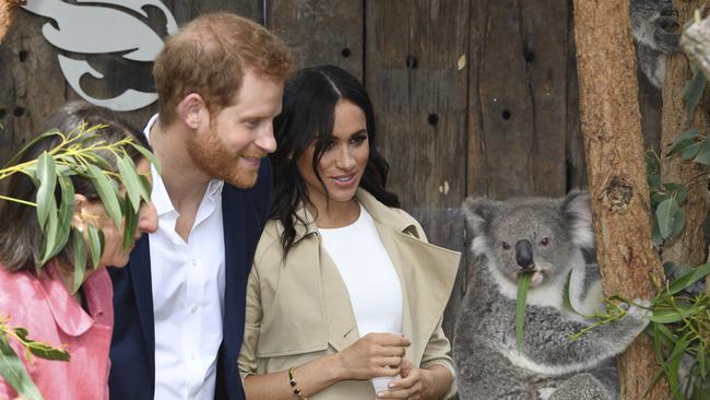 Britain's Prince Harry and Meghan, Duchess of Sussex meet Ruby a mother Koala who gave birth to koala joey Meghan, named after Her Royal Highness, with a second joey named Harry after His Royal Highness during a visit to Taronga Zoo in Sydney, Australia, Tuesday, Oct. 16, 2018. Picture: (Dean Lewins/Pool via AP)