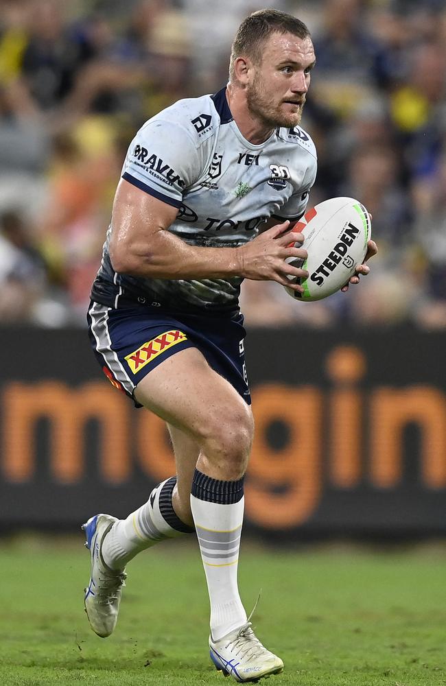 Coen Hess of the Cowboys runs the ball during the round eight NRL match between North Queensland Cowboys and Gold Coast Titans at Queensland Country Bank Stadium, on April 26, 2025, in Townsville, Australia. (Photo by Ian Hitchcock/Getty Images)