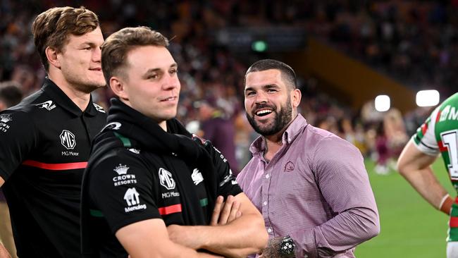 Adam Reynolds of the Broncos shares a laugh with his old South Sydney teammates. Picture: Bradley Kanaris/Getty Images