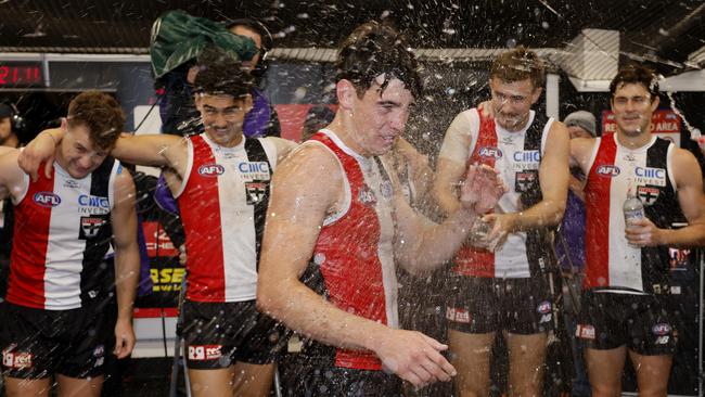NCA. MELBOURNE, AUSTRALIA. May 2nd, 2025 . AFL .  Round 8.  St Kilda vs Fremantle at Marvel Stadium.   Hugh Boxshall of the Saints cops a shower after his 1st win    . Picture: Michael Klein