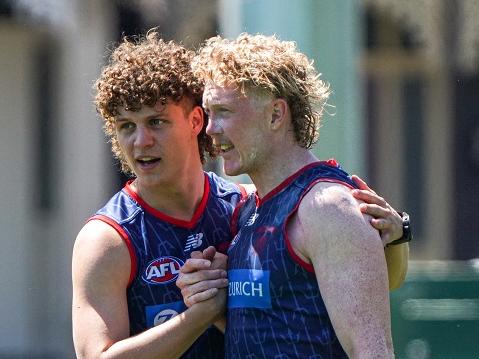 Koltyn Tholstrup & Clayton Oliver at Melbourne training on Friday